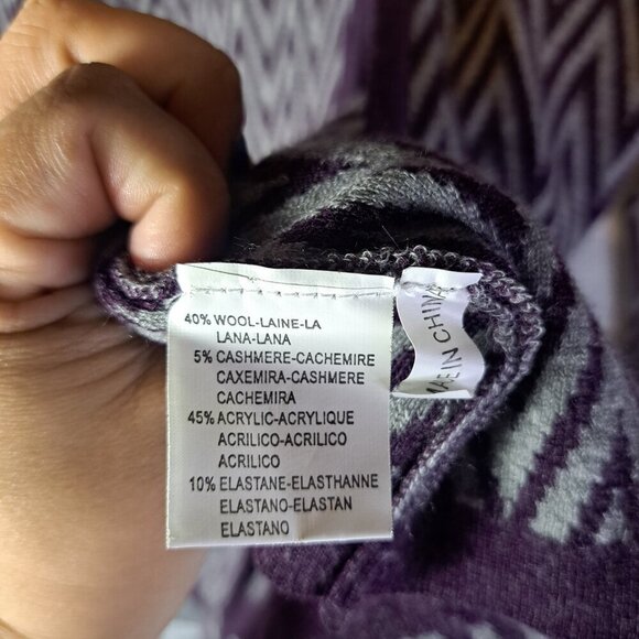Vintage Wool Cashmere 90s Chevron Purple Gray Print Womens Cardigan Size Large - Picture 9 of 13